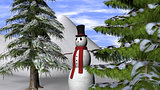 Christmas Background with a Snowman and fir trees