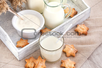 Glass of milk with cookies