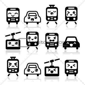 Kawaii cute icons - car, bus, train, tram and gondola