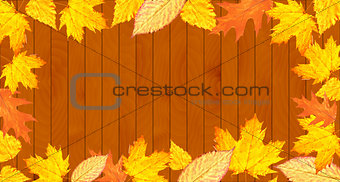 wooden desk with leaves