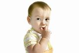 baby boy with finger in his mouth over white