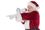 Santa points at something and uses a megaphone