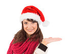 Festive young woman presenting with hand