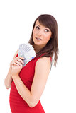 Festive brunette showing fan of dollars
