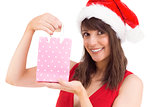Festive brunette holding a gift bag