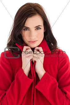 Portrait of a stylish brunette in red coat