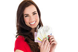 Happy brunette holding her cash money