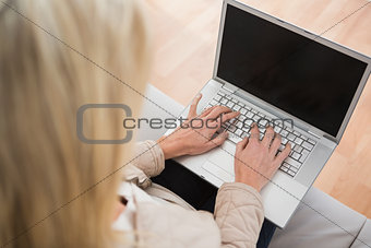 Blonde woman using laptop on couch
