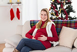 Beautiful pregnant woman holding her belly sitting on couch