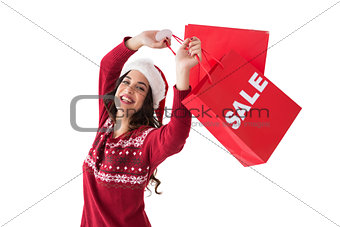 Pretty brunette showing sale bag and shopping bag