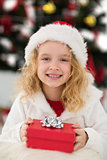 Festive little girl holding a gift