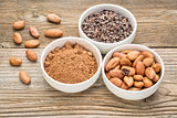 cacao beans, nibs and powder