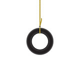 Car tire hanging on brown rope