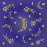 vector blue night festive pattern background with irregular yellow sketchy comet, moon and star