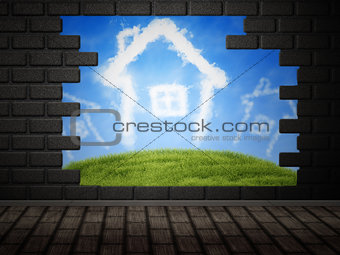 Cloud houses in hole in brick wall