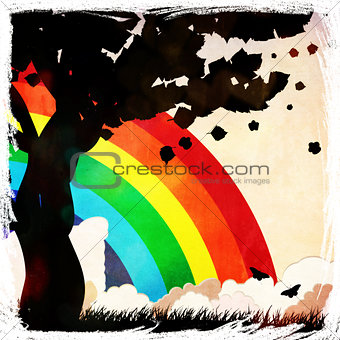 Grunge tree silhouette and rainbow