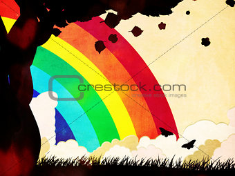 Grunge tree silhouette and rainbow
