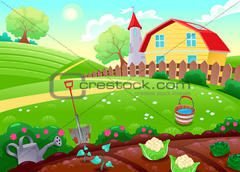 Funny countryside scenery with vegetable garden