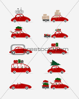 Set of different red cars with luggage for your design
