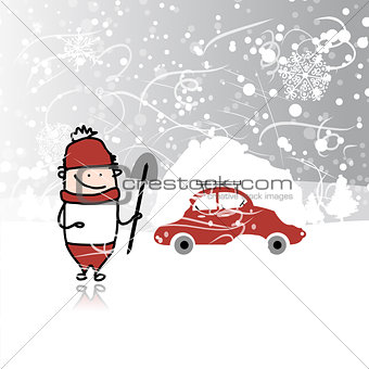 Man and car with snowbank on roof, winter blizzard