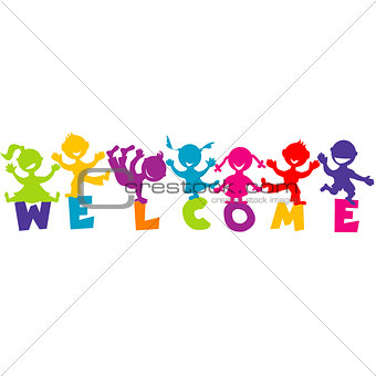 Illustration with word WELCOME and happy children