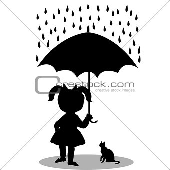 Little girl with a cat under an umbrella