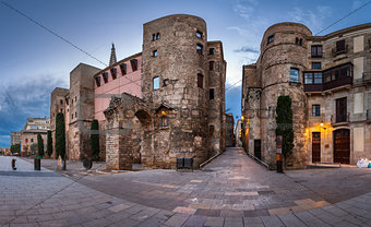 Panorama of Ancient Roman Gate and Placa Nova in the Morning, Ba