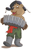Russian bear in a cap with earflaps plays the harmonica