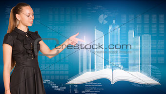 Beautiful businesswoman, open book , spatial layouts of buildings, figures. letters and diagram as backdrop