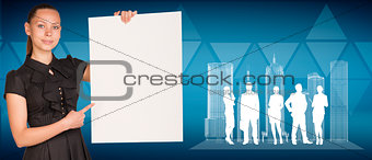 Businesswoman holding empty paper sheet, spatial layouts of buildings and people silhouettes. Triangles as backdrop
