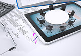 Round table, tablet pc, book, calculator, glasses, paper with columns of figures.II