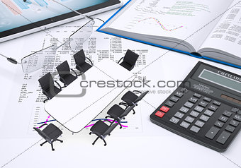 table, tablet pc, book, calculator, glasses, paper with columns of figures