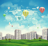 High-rise buildings over green hills, few air baloons above. Charts, diagrams and other virtual items in sky