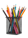 Various color pencils in metal container