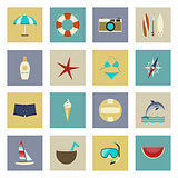 Beach vacation and travel flat icons set