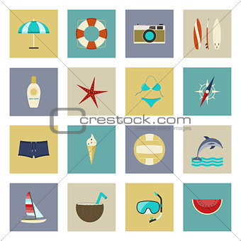 Beach vacation and travel flat icons set