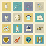 Astronautics and Space flat icons set with shadows