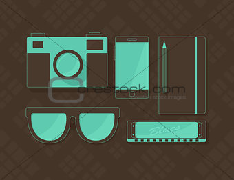 Vector objects in hipster style in brown and blue colors 