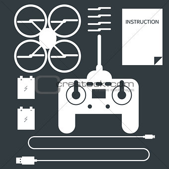 Complete set for quadrocopter. Flat icons vector collection.