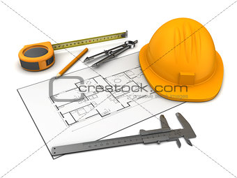 house blueprints and tools