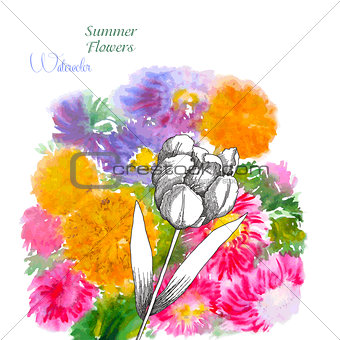 Background  with summer flowers and watercolors-01