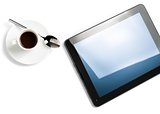 top of view of cup of coffee and digital tablet pc, concept of new technology