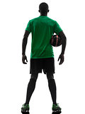 rear view african man soccer player  holding football silhouette