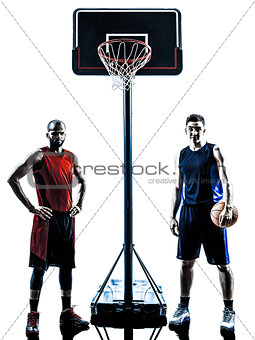 caucasian and african basketball players man silhouette