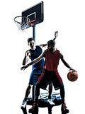 caucasian and african basketball players man dribbling silhouett