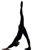 woman exercising gymnastic yoga   Adho Mukha Svanasana silhouett
