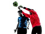 two men soccer player goalkeeper punching heading ball competiti