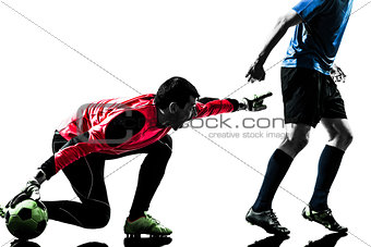 two men soccer player goalkeeper  competition silhouette