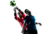 two men soccer player goalkeeper punching heading ball competiti