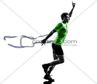 young man sprinter runner running winner finish line silhouette